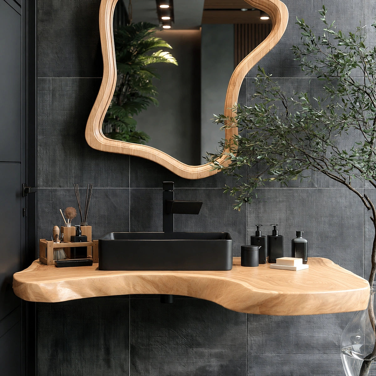 Natural Solid Wood Floating Bathroom Vanity with Sculptural Edge - Livewoodcraft - 6