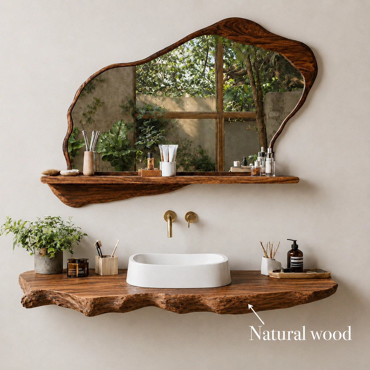 Natural Solid Wood Floating Bathroom Vanity with Sculptural Live Edge Slab - Livewoodcraft - 10