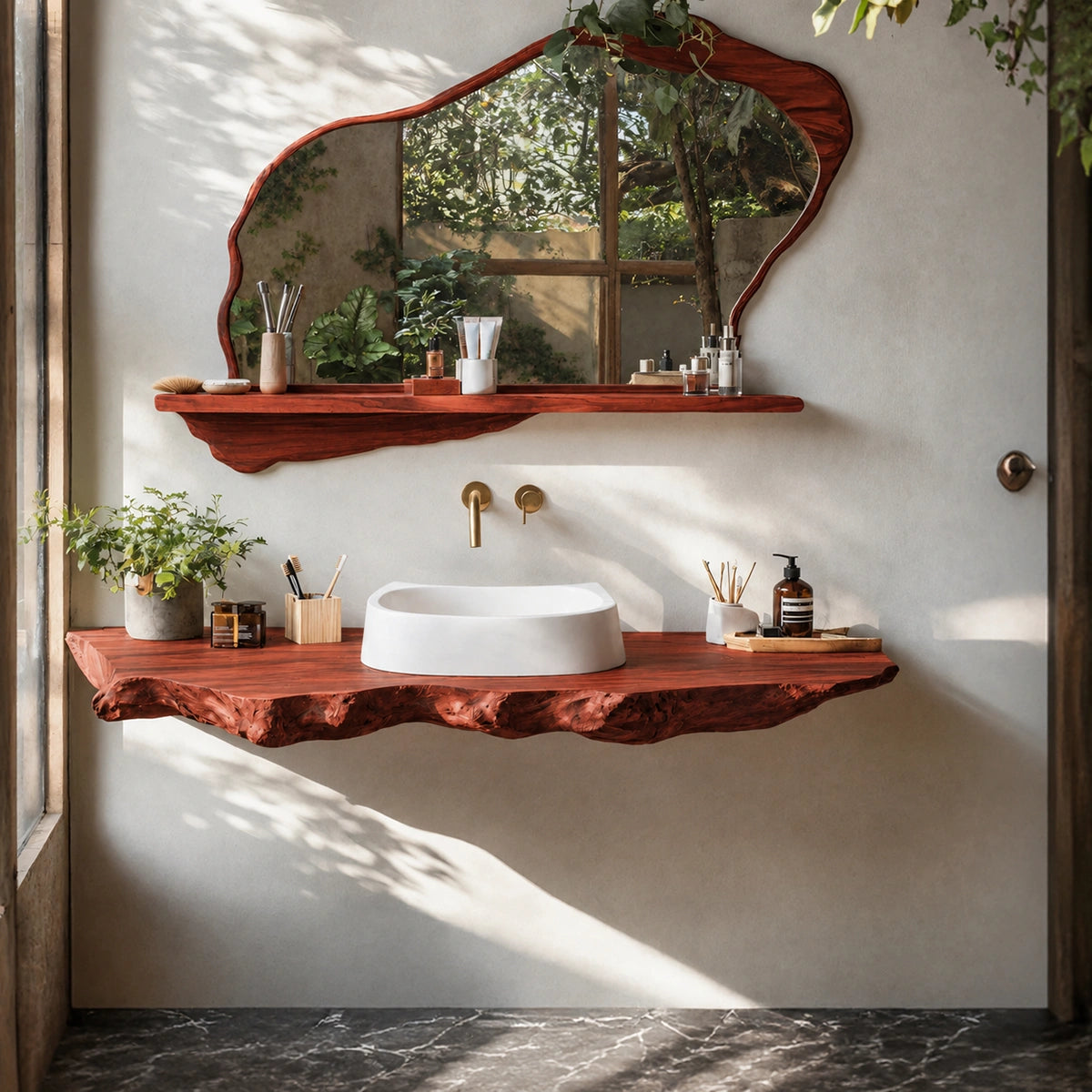 Natural Solid Wood Floating Bathroom Vanity with Sculptural Live Edge Slab - Livewoodcraft - 2