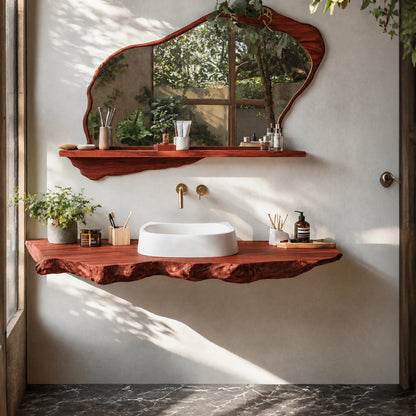 Natural Solid Wood Floating Bathroom Vanity with Sculptural Live Edge Slab - Livewoodcraft - 2