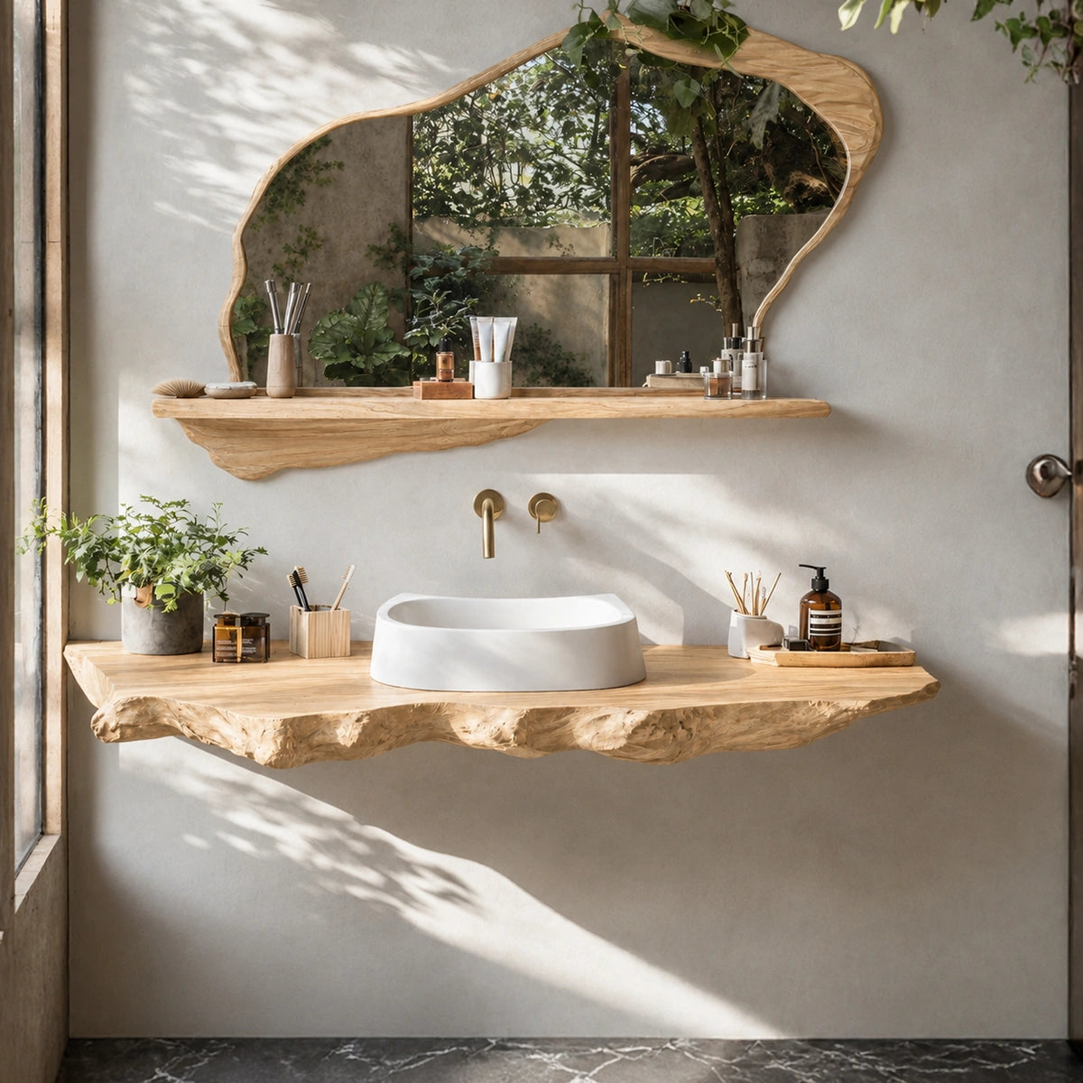 Natural Solid Wood Floating Bathroom Vanity with Sculptural Live Edge Slab - Livewoodcraft - 3