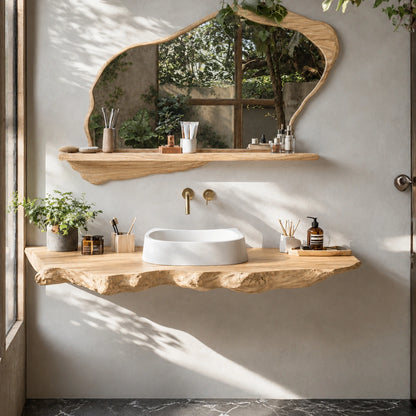 Natural Solid Wood Floating Bathroom Vanity with Sculptural Live Edge Slab - Livewoodcraft - 3