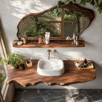 Natural Solid Wood Floating Bathroom Vanity with Sculptural Live Edge Slab - Livewoodcraft - 5