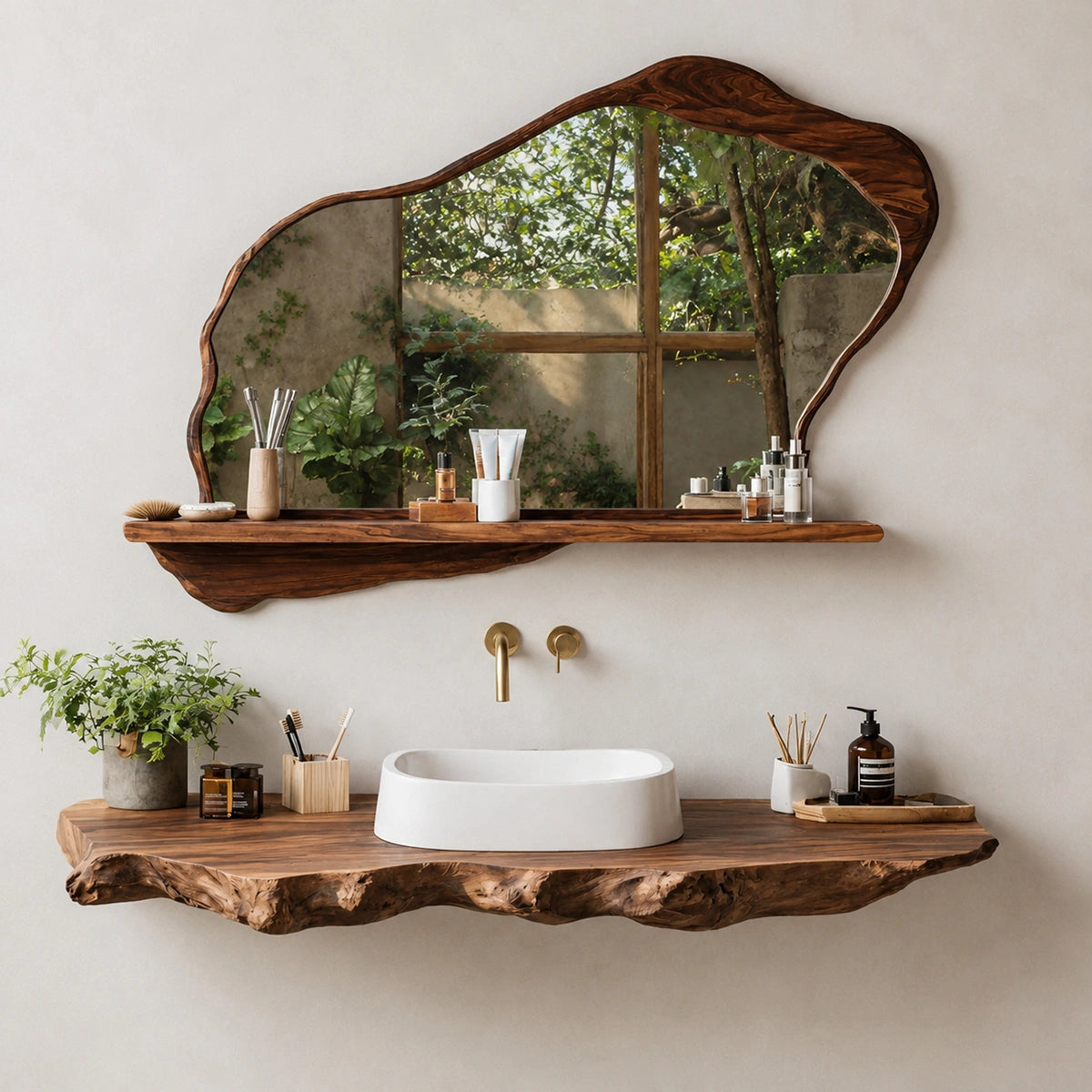 Natural Solid Wood Floating Bathroom Vanity with Sculptural Live Edge Slab - Livewoodcraft - 6