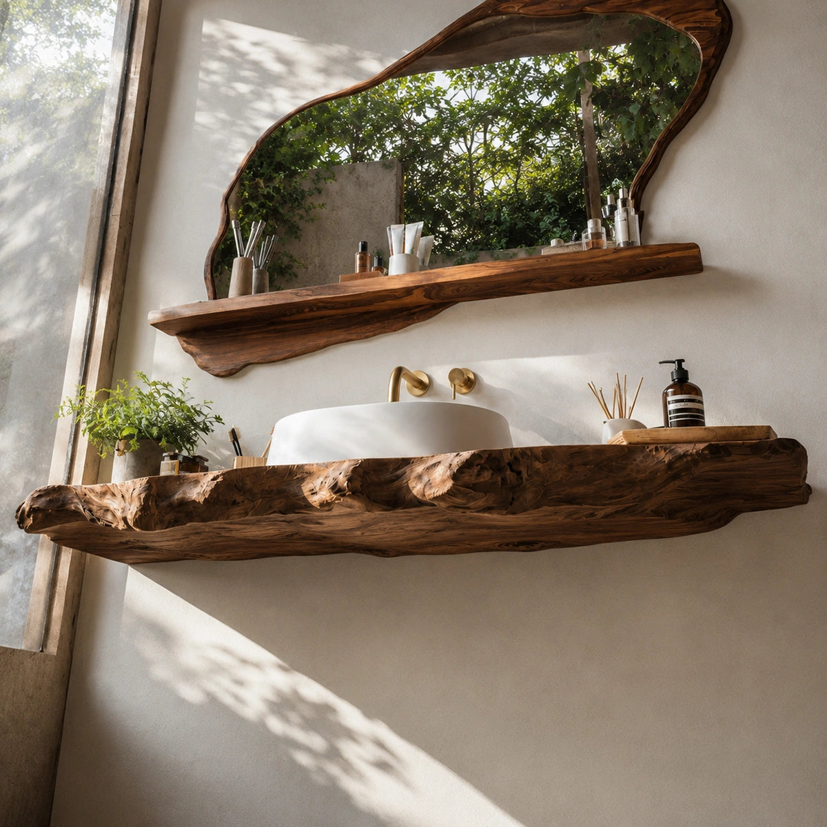 Natural Solid Wood Floating Bathroom Vanity with Sculptural Live Edge Slab - Livewoodcraft - 7