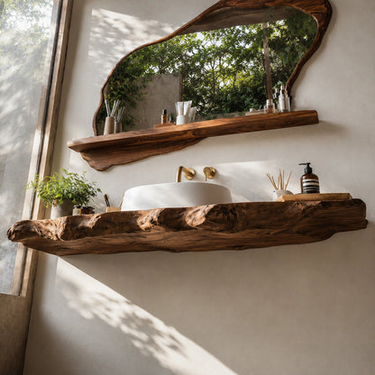 Natural Solid Wood Floating Bathroom Vanity with Sculptural Live Edge Slab - Livewoodcraft - 7