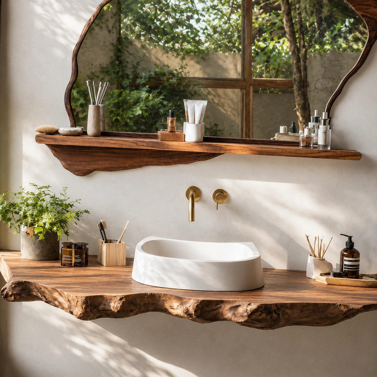 Natural Solid Wood Floating Bathroom Vanity with Sculptural Live Edge Slab - Livewoodcraft - 8