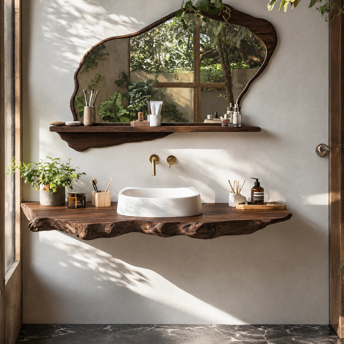 Natural Solid Wood Floating Bathroom Vanity with Sculptural Live Edge Slab - Livewoodcraft