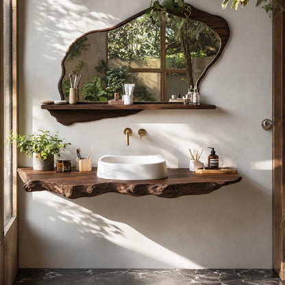 Natural Solid Wood Floating Bathroom Vanity with Sculptural Live Edge Slab - Livewoodcraft