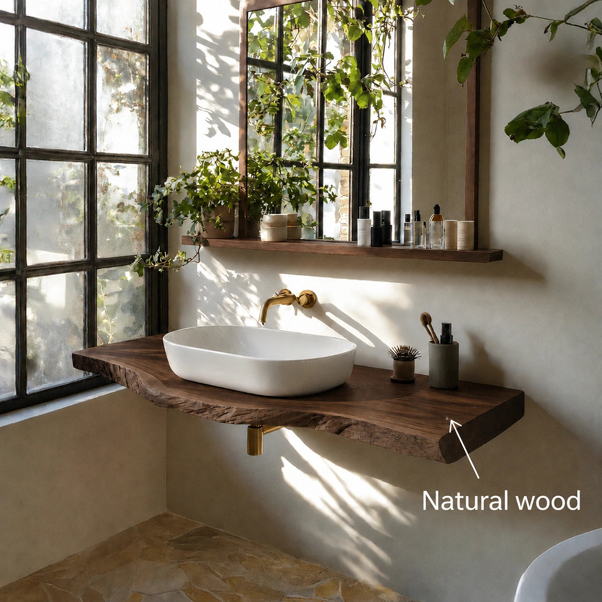 Natural Solid Wood Floating Bathroom Vanity with Sculptural Live Edge Top - Livewoodcraft - 10