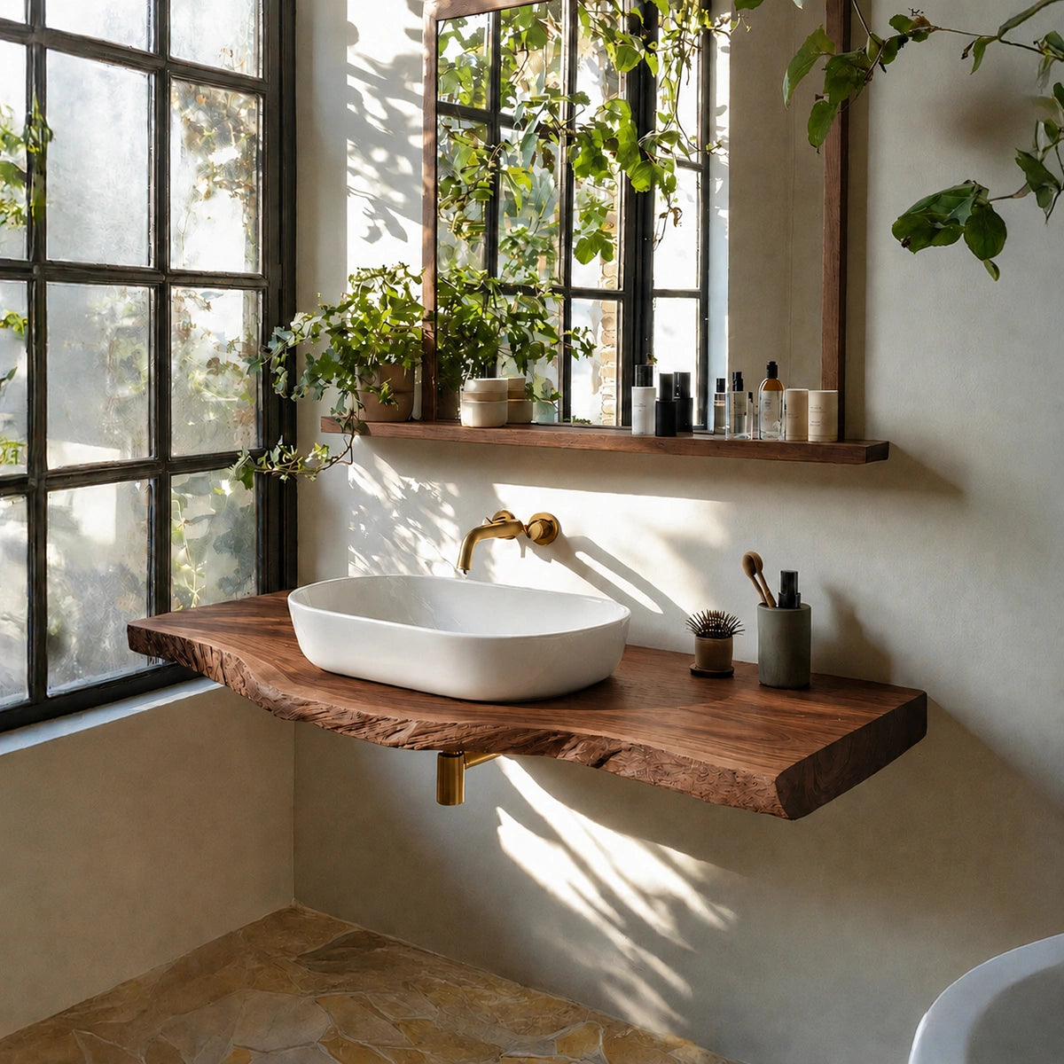 Natural Solid Wood Floating Bathroom Vanity with Sculptural Live Edge Top - Livewoodcraft - 2