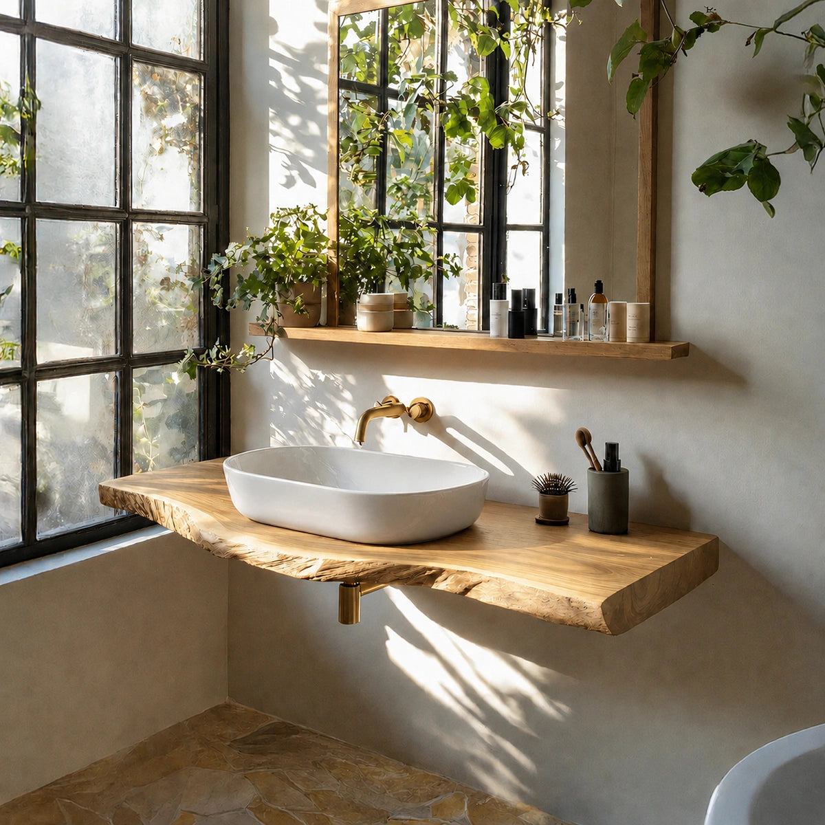 Natural Solid Wood Floating Bathroom Vanity with Sculptural Live Edge Top - Livewoodcraft - 3