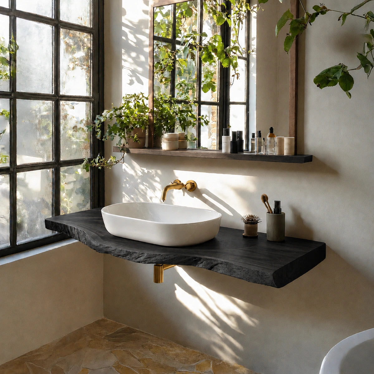 Natural Solid Wood Floating Bathroom Vanity with Sculptural Live Edge Top - Livewoodcraft - 4