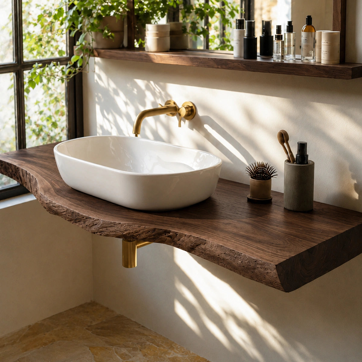Natural Solid Wood Floating Bathroom Vanity with Sculptural Live Edge Top - Livewoodcraft - 5