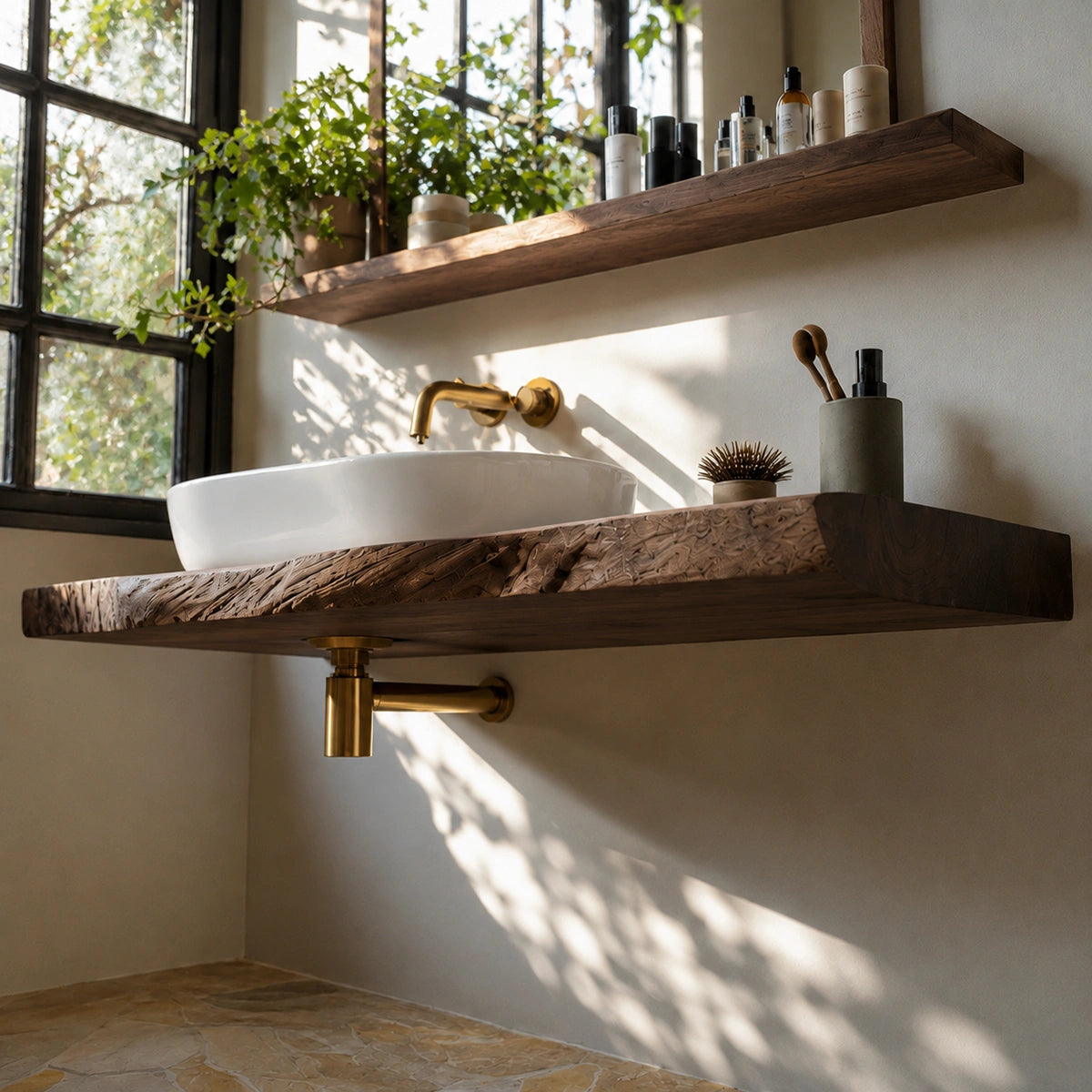 Natural Solid Wood Floating Bathroom Vanity with Sculptural Live Edge Top - Livewoodcraft - 7