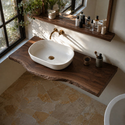 Natural Solid Wood Floating Bathroom Vanity with Sculptural Live Edge Top - Livewoodcraft - 8