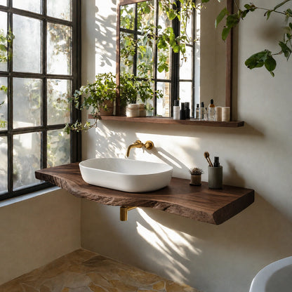 Natural Solid Wood Floating Bathroom Vanity with Sculptural Live Edge Top - Livewoodcraft