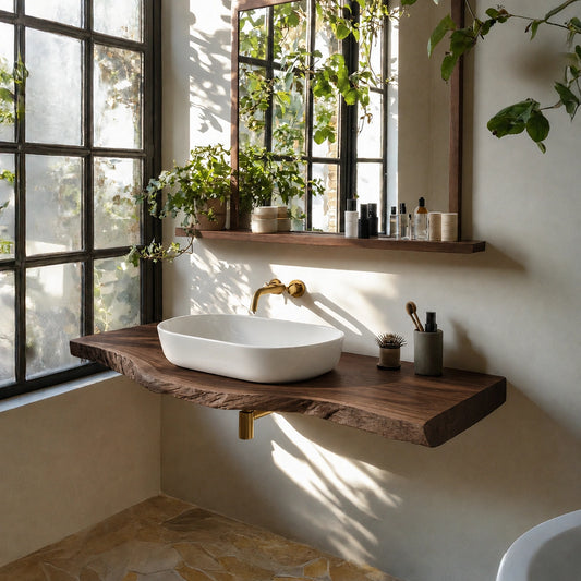 Natural Solid Wood Floating Bathroom Vanity with Sculptural Live Edge Top - Livewoodcraft