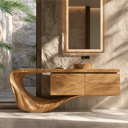 Natural Solid Wood Floating Bathroom Vanity with Sculptural Loop Base - Livewoodcraft - 3
