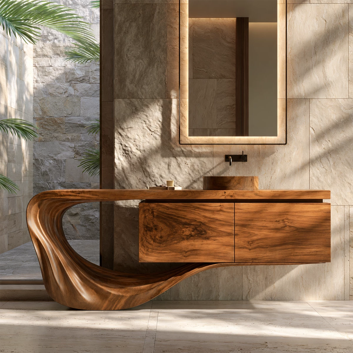Natural Solid Wood Floating Bathroom Vanity with Sculptural Loop Base - Livewoodcraft - 4
