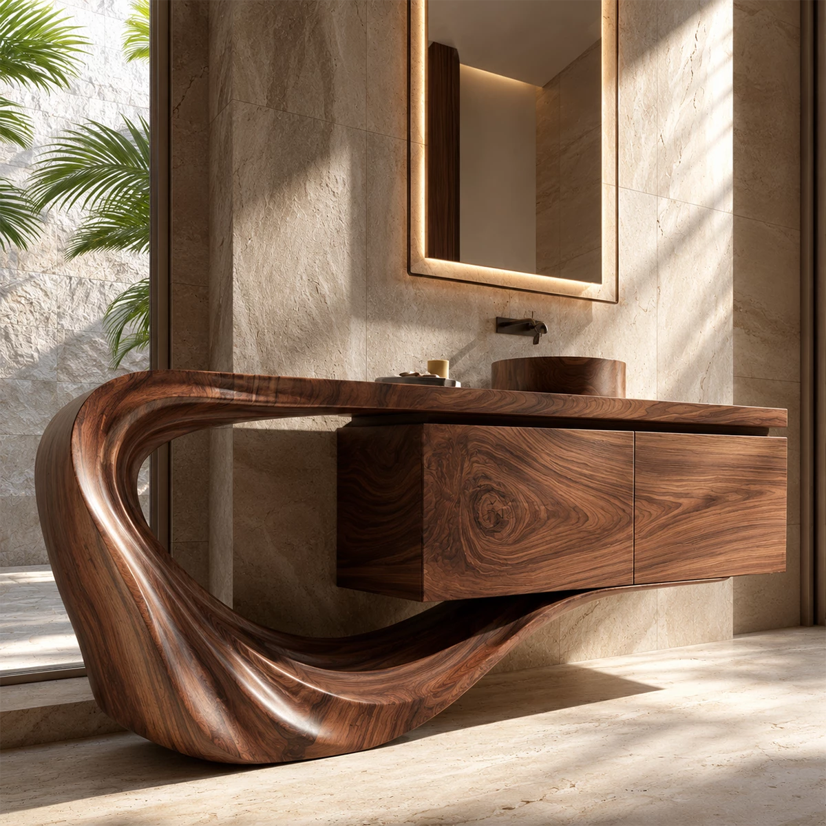 Natural Solid Wood Floating Bathroom Vanity with Sculptural Loop Base - Livewoodcraft - 7