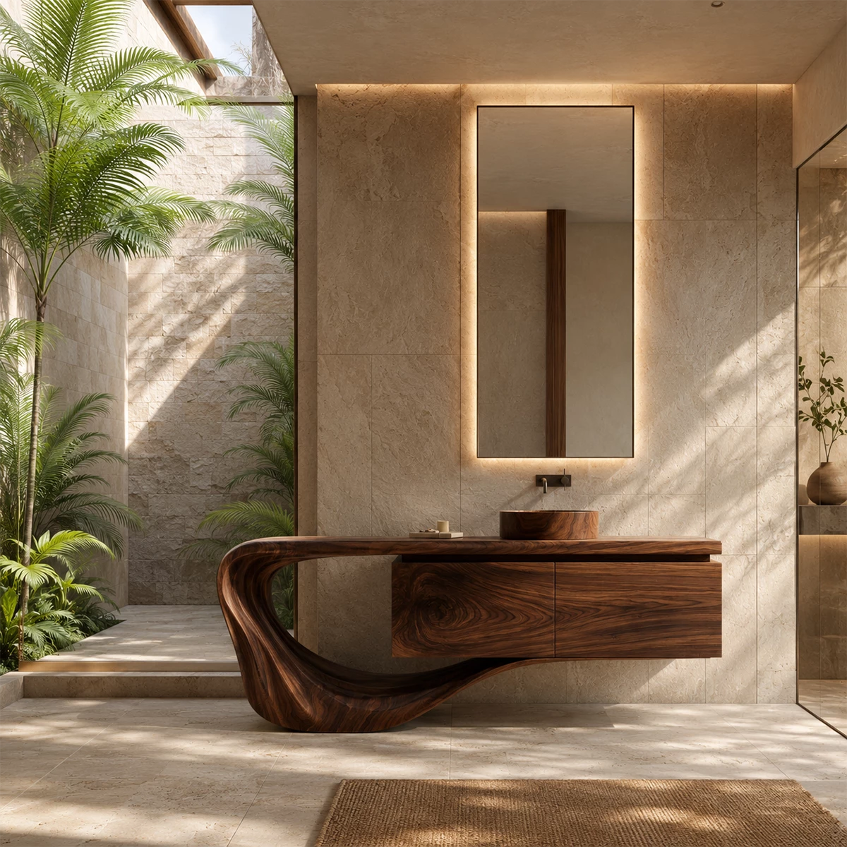 Natural Solid Wood Floating Bathroom Vanity with Sculptural Loop Base - Livewoodcraft - 8