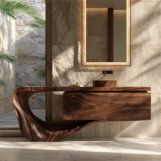 Natural Solid Wood Floating Bathroom Vanity with Sculptural Loop Base - Livewoodcraft