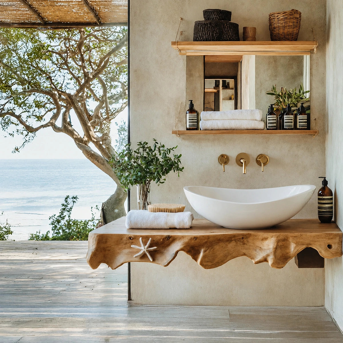Natural Solid Wood Floating Bathroom Vanity with Sculptural Root Edge Slab - Livewoodcraft - 2