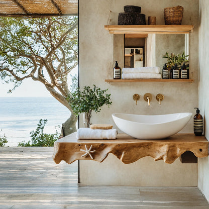 Natural Solid Wood Floating Bathroom Vanity with Sculptural Root Edge Slab - Livewoodcraft - 2