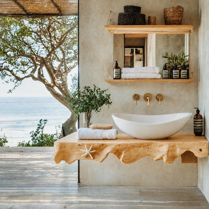Natural Solid Wood Floating Bathroom Vanity with Sculptural Root Edge Slab - Livewoodcraft - 3