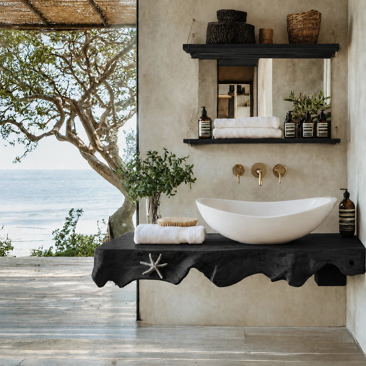 Natural Solid Wood Floating Bathroom Vanity with Sculptural Root Edge Slab - Livewoodcraft - 4