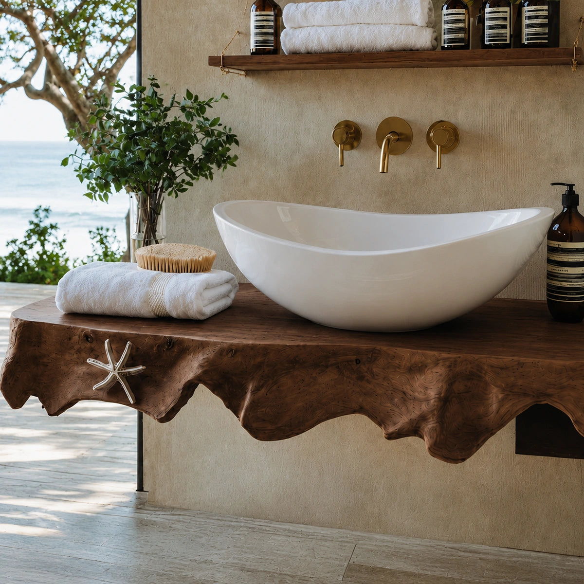 Natural Solid Wood Floating Bathroom Vanity with Sculptural Root Edge Slab - Livewoodcraft - 5