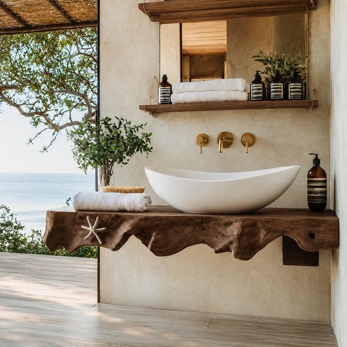 Natural Solid Wood Floating Bathroom Vanity with Sculptural Root Edge Slab - Livewoodcraft - 6