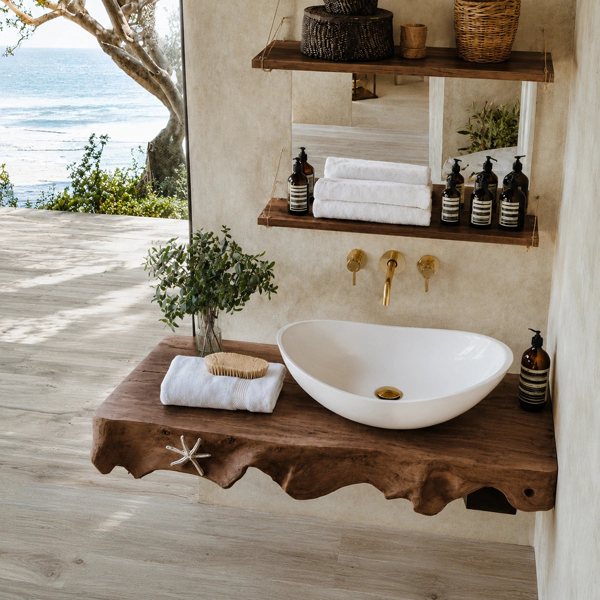 Natural Solid Wood Floating Bathroom Vanity with Sculptural Root Edge Slab - Livewoodcraft - 7