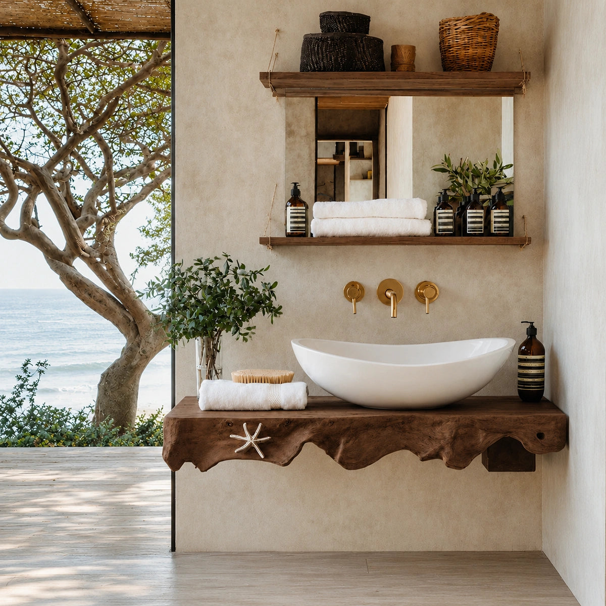 Natural Solid Wood Floating Bathroom Vanity with Sculptural Root Edge Slab - Livewoodcraft - 8