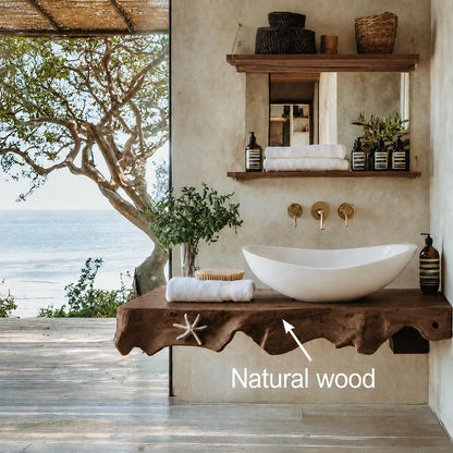Natural Solid Wood Floating Bathroom Vanity with Sculptural Root Edge Slab - Livewoodcraft - 9