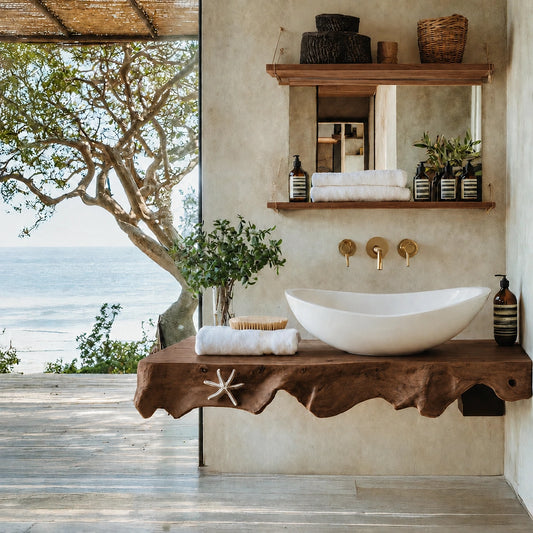 Natural Solid Wood Floating Bathroom Vanity with Sculptural Root Edge Slab - Livewoodcraft