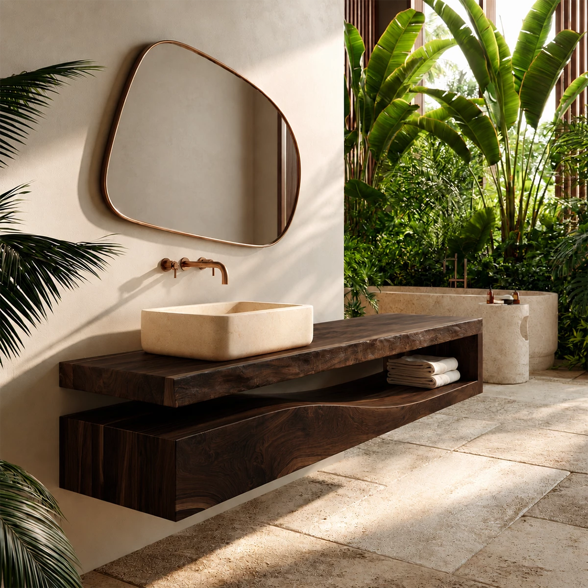 Natural Solid Wood Floating Bathroom Vanity with Sculptural Wave Storage - Livewoodcraft - 2