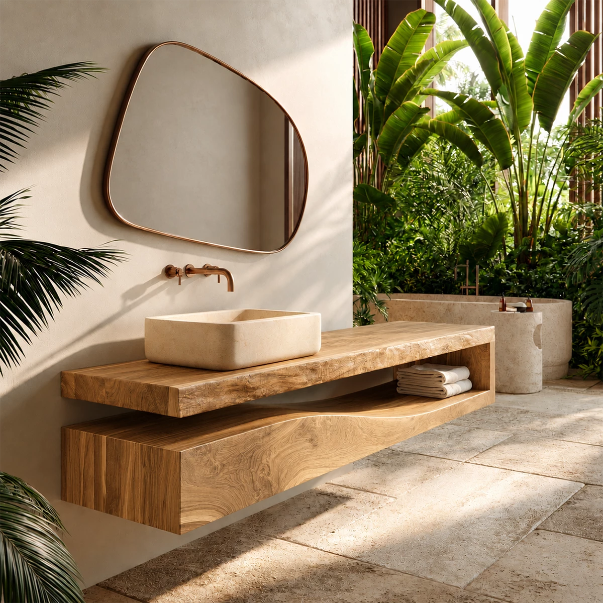 Natural Solid Wood Floating Bathroom Vanity with Sculptural Wave Storage - Livewoodcraft - 3