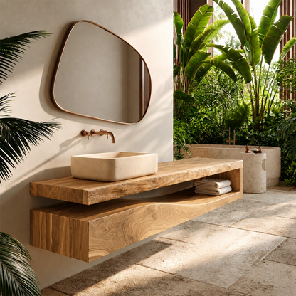 Natural Solid Wood Floating Bathroom Vanity with Sculptural Wave Storage - Livewoodcraft - 3