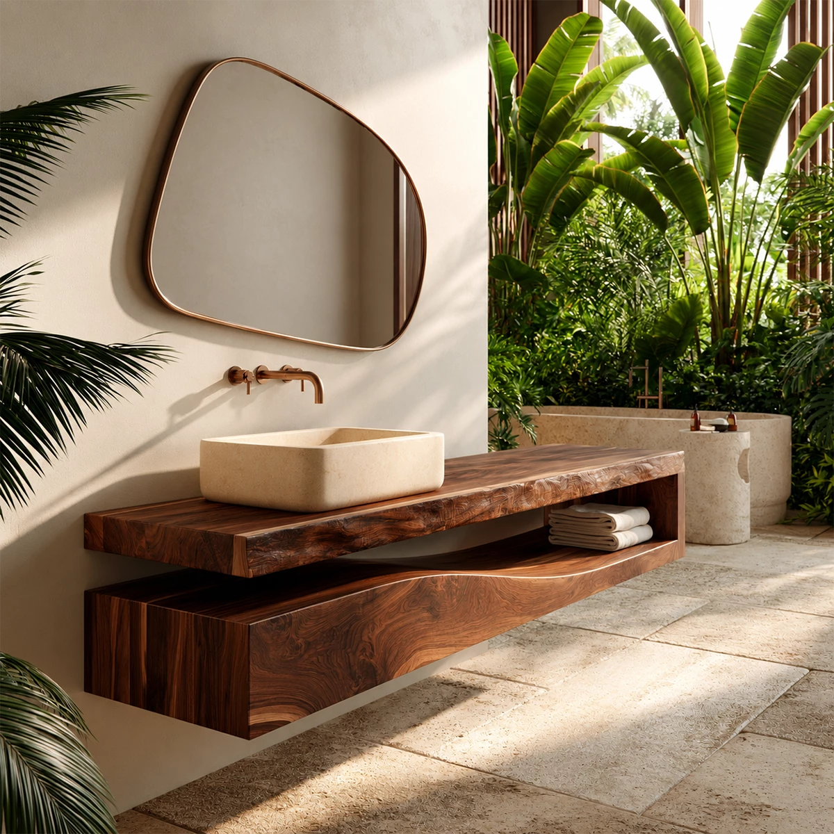 Natural Solid Wood Floating Bathroom Vanity with Sculptural Wave Storage - Livewoodcraft - 4