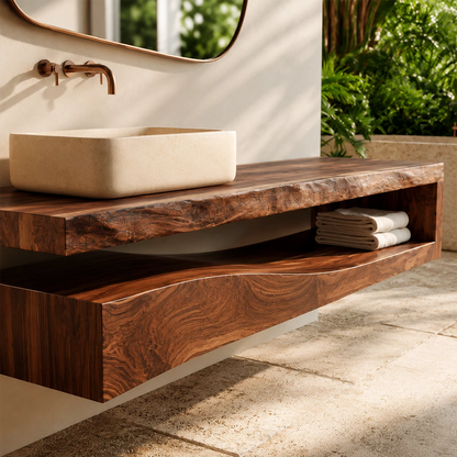Natural Solid Wood Floating Bathroom Vanity with Sculptural Wave Storage - Livewoodcraft - 5