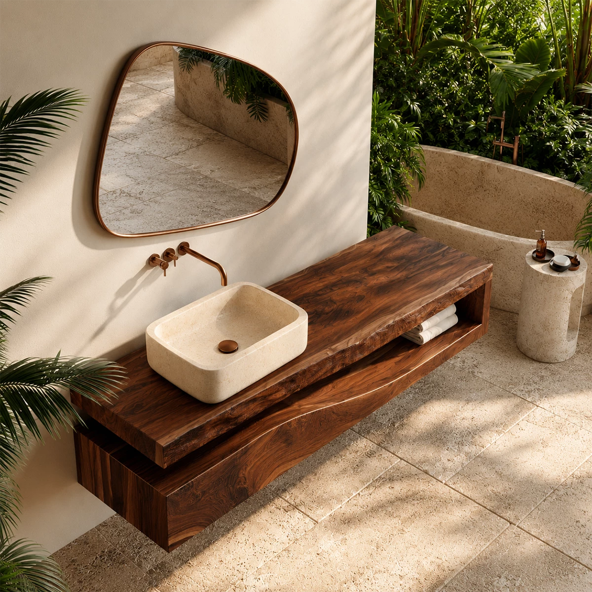 Natural Solid Wood Floating Bathroom Vanity with Sculptural Wave Storage - Livewoodcraft - 6