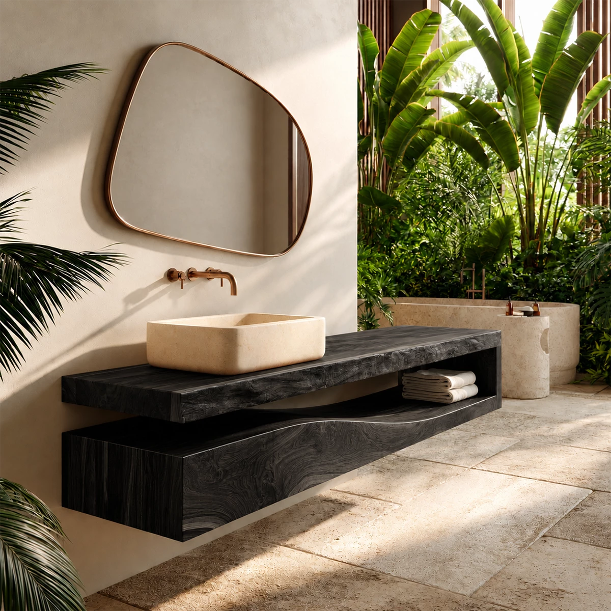 Natural Solid Wood Floating Bathroom Vanity with Sculptural Wave Storage - Livewoodcraft - 8