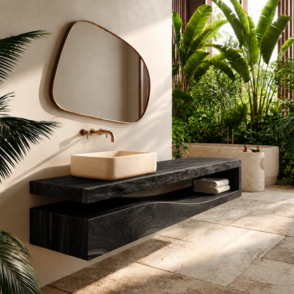 Natural Solid Wood Floating Bathroom Vanity with Sculptural Wave Storage - Livewoodcraft - 8