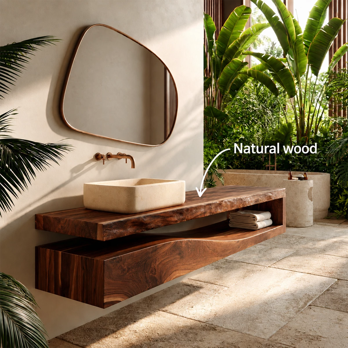 Natural Solid Wood Floating Bathroom Vanity with Sculptural Wave Storage - Livewoodcraft - 9