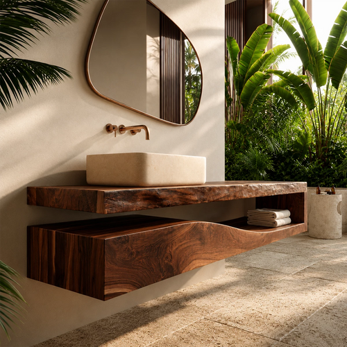 Natural Solid Wood Floating Bathroom Vanity with Sculptural Wave Storage - Livewoodcraft
