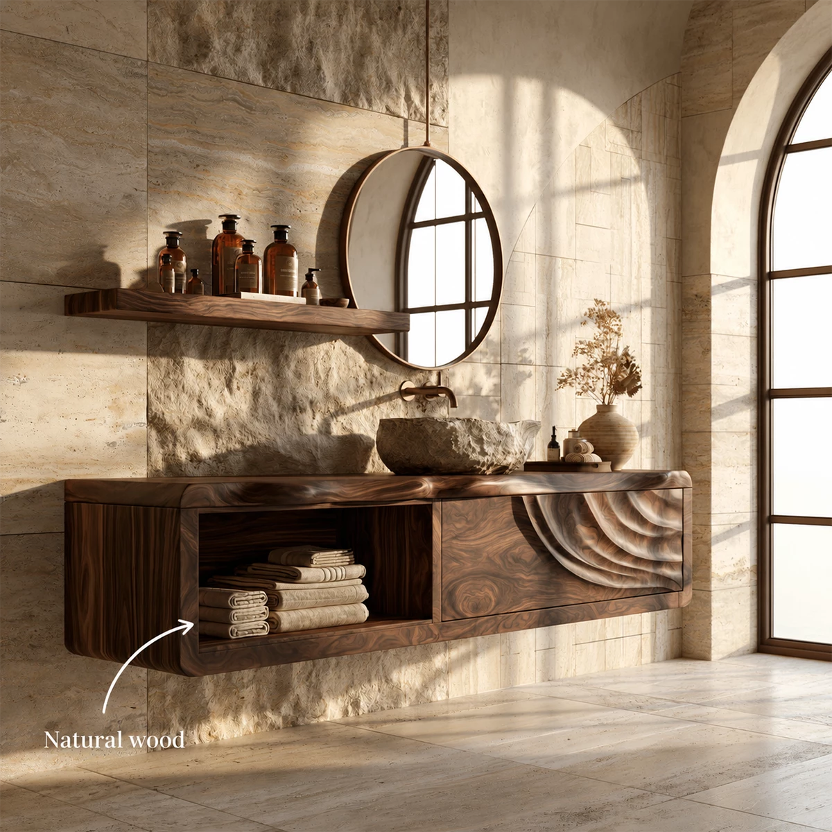 Natural Solid Wood Floating Bathroom Vanity with Shell Carved Storage - Livewoodcraft - 10