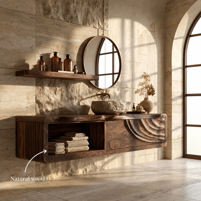 Natural Solid Wood Floating Bathroom Vanity with Shell Carved Storage - Livewoodcraft - 10