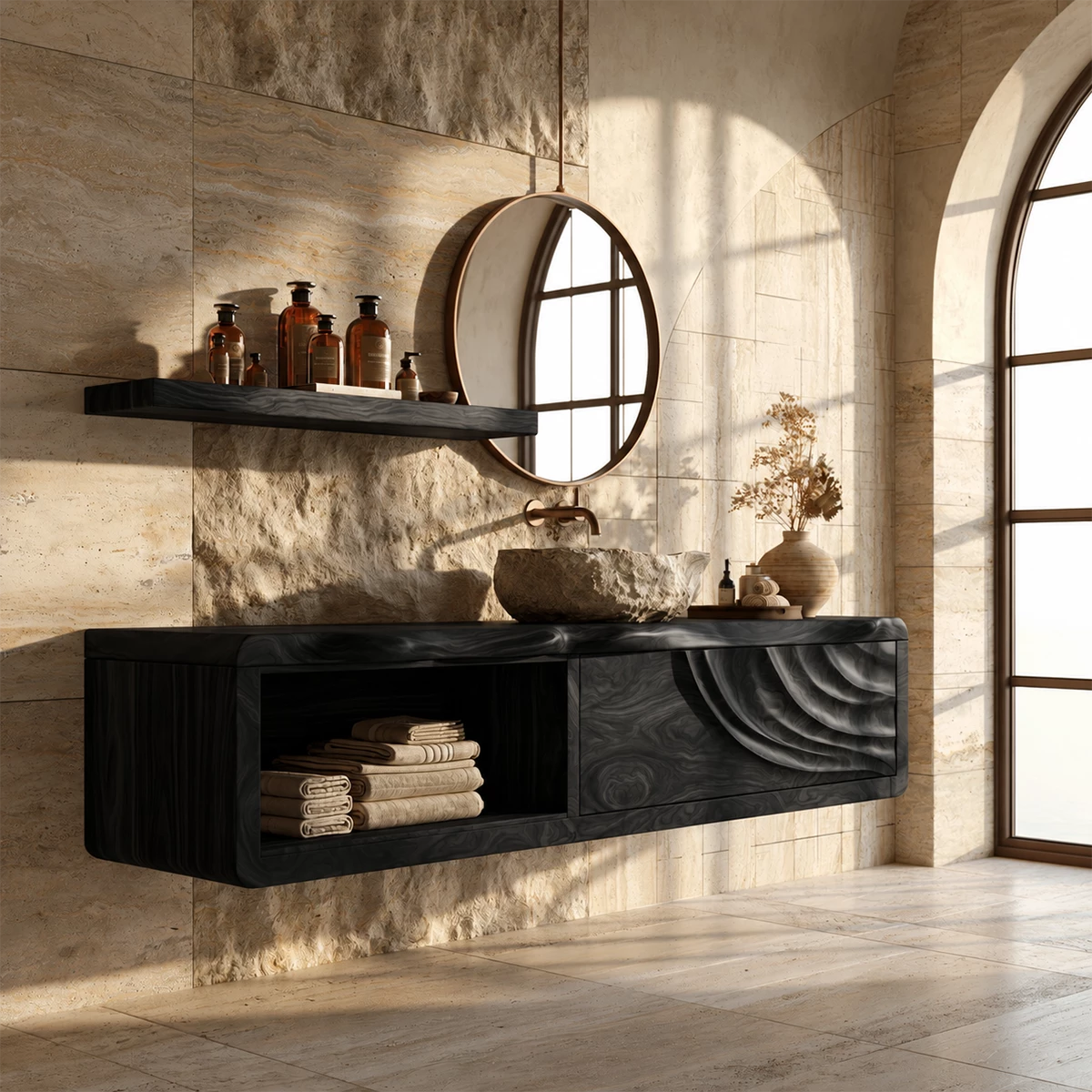 Natural Solid Wood Floating Bathroom Vanity with Shell Carved Storage - Livewoodcraft - 2